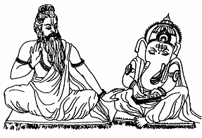 Мудрец Вьяса диктует «Махабхарату» богу Ганеше.